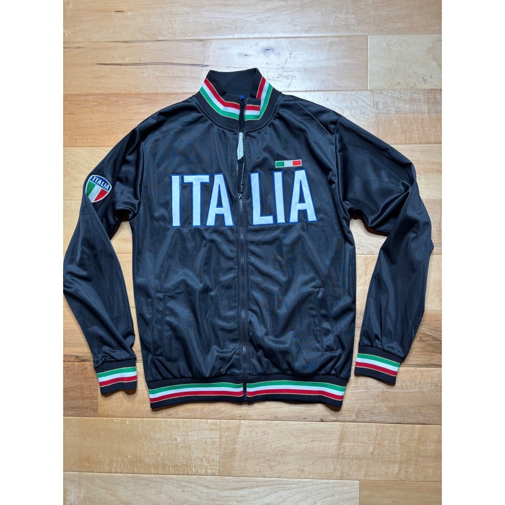 Italia Track Jacket Mens L (Tag XL) Black Full Zip Soccer Italy Flag Embroidered